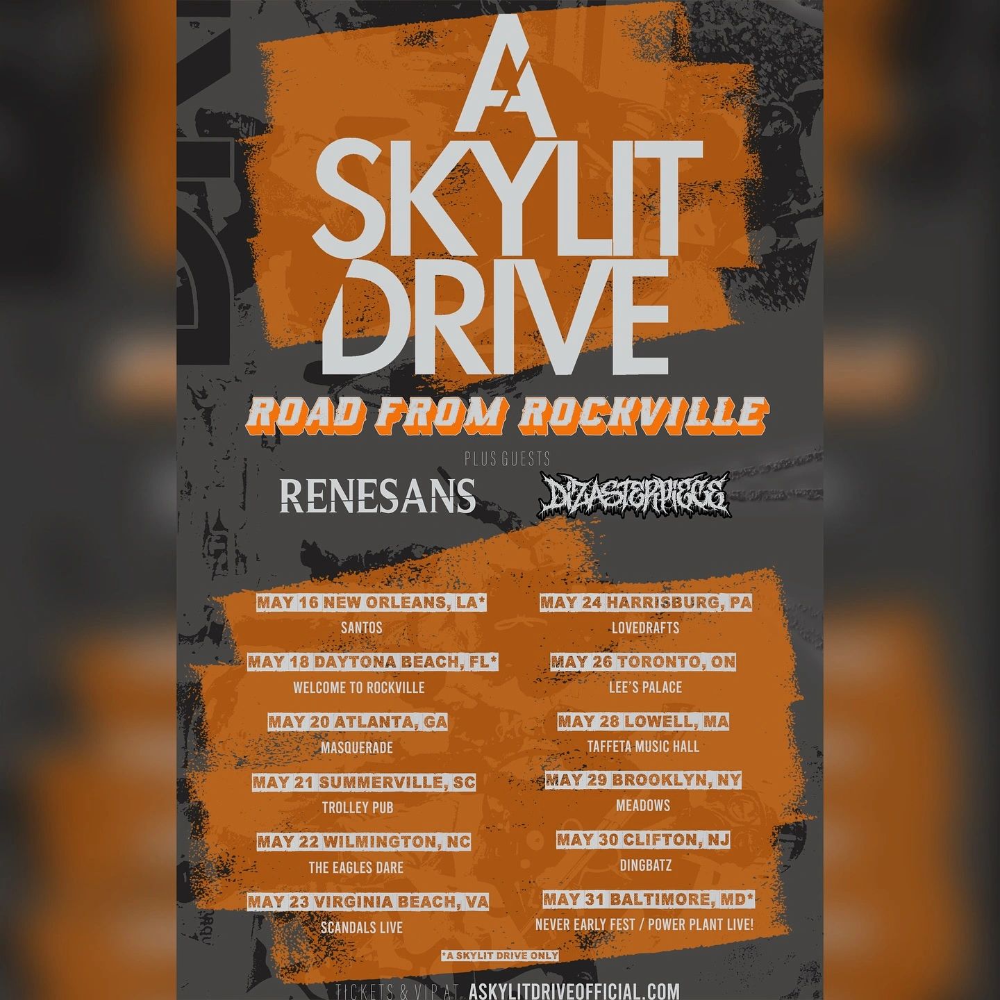 A Skylit Drive 'Road From Rockville' tour poster with dates and locations in May.